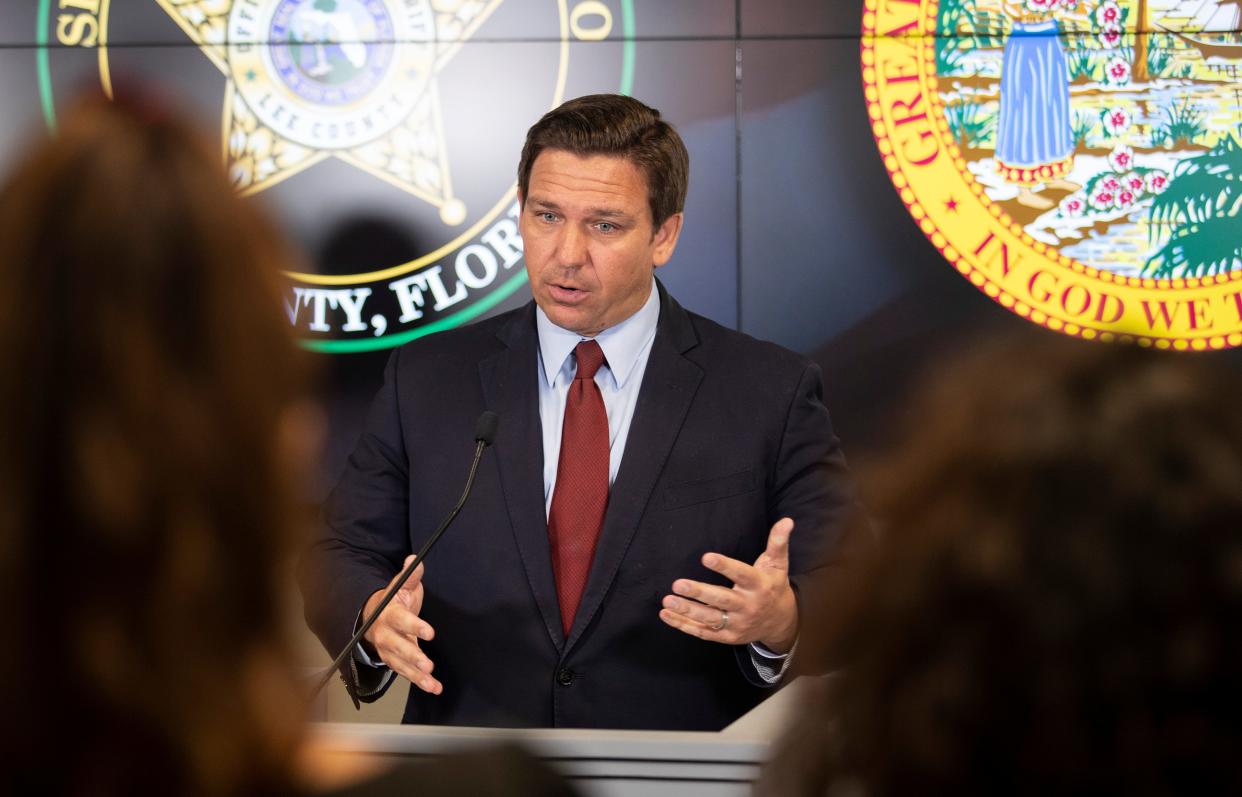 Gov. Ron DeSantis spoke Tuesday, Feb. 13, at a press conference in  Cape Coral announcing his support for greater retail theft penalties. He's pictured in this file photo.