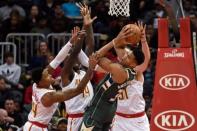 Oct 29, 2017; Atlanta, GA, USA; Milwaukee Bucks forward Giannis Antetokounmpo (34) controls a rebound against the Atlanta Hawks during the second half at Philips Arena. Dale Zanine-USA TODAY Sports