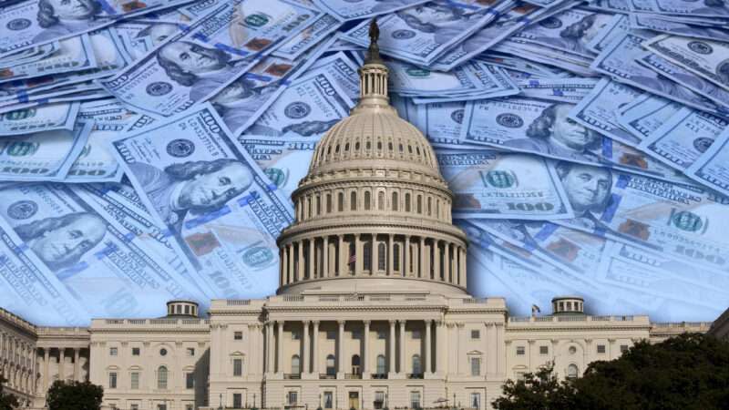 An illustration of the U.S. Capitol with money covering the sky behind it