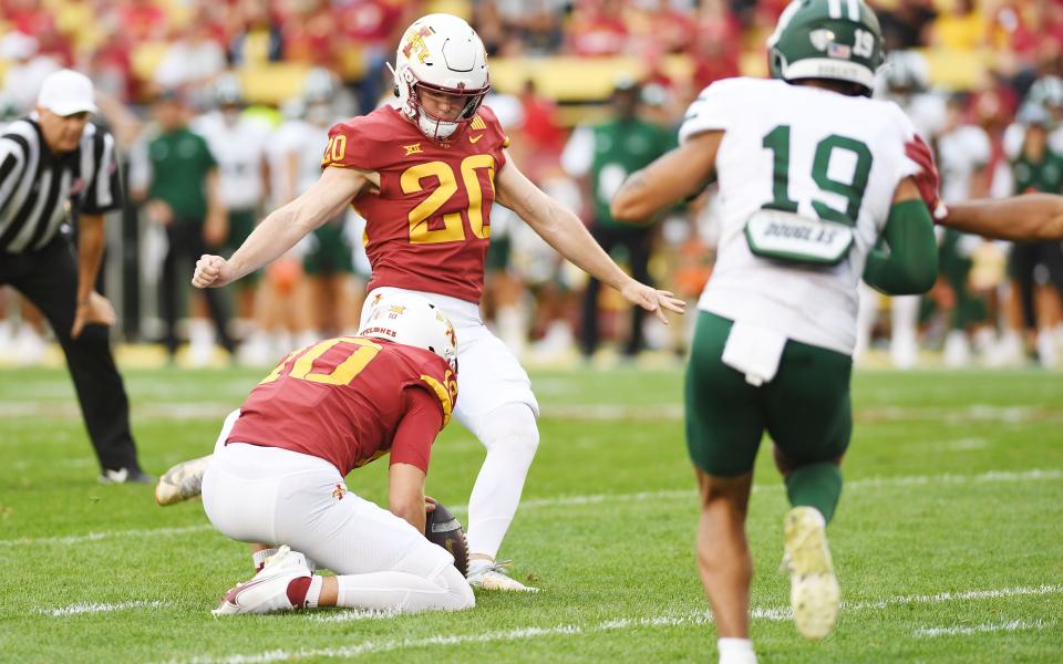 Iowa State kicker Jace Gilbert (20) kicks the ball for a field goal against the Ohio Bobcats during the fourth quarter.