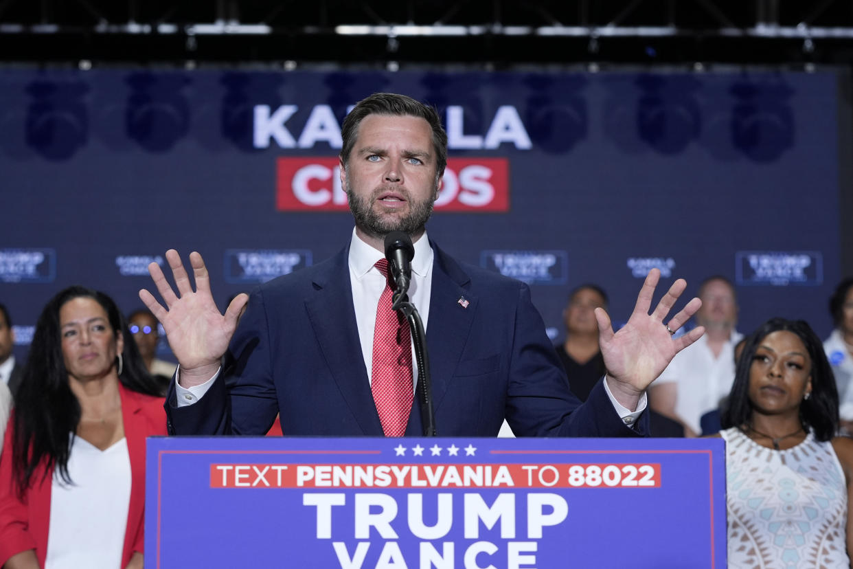 Republican vice presidential candidate JD Vance speaks with reporters at a news conference on Aug. 6 in Philadelphia.