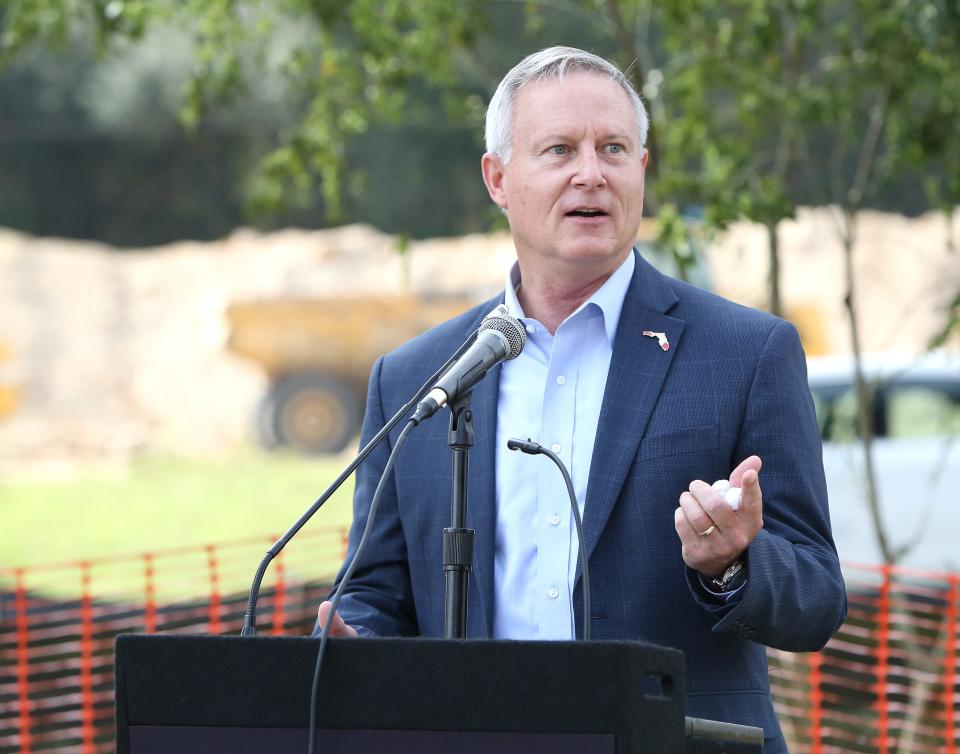 Rep. Chuck Clemons, of the Florida House of Representatives District 21, delivers comments during the Ground Breaking Ceremony for the new UF/IFAS Extension Office at the new Alachua County Agricultural Fairgrounds and Extension Office, at the site of the old Canterbury Equestrian Showplace in Newberry, Fla., Oct. 15, 2020. The facility will take about a year to finish, but will be a new long term home for the extension office and the fairgrounds.