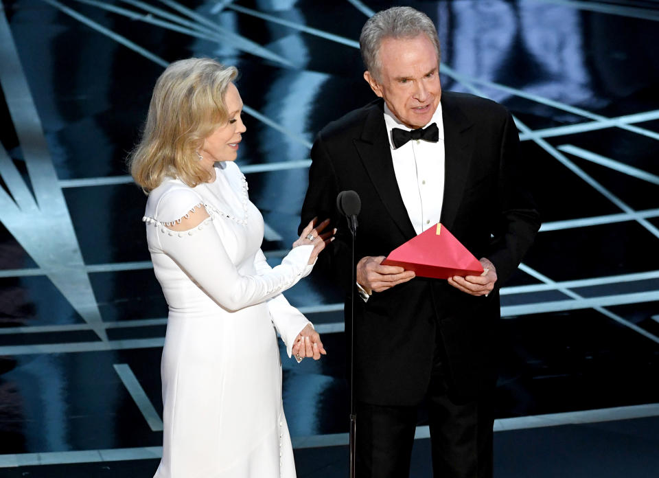 "I want to tell you what happened. I opened the envelope and it said Emma Stone La La Land. Thats why I took such a long look at Faye and at you. I wasnt trying to be funny. This is Moonlight the Best Picture."— Warren Beatty, explaining why the wrong Best Picture winner was announced 