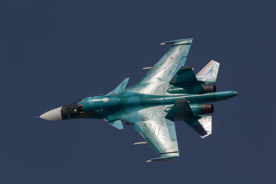 sukhoi su 34 jet fighter bomber of russian air force performs its demonstration flight at maks 2015 airshow near zhukovsky