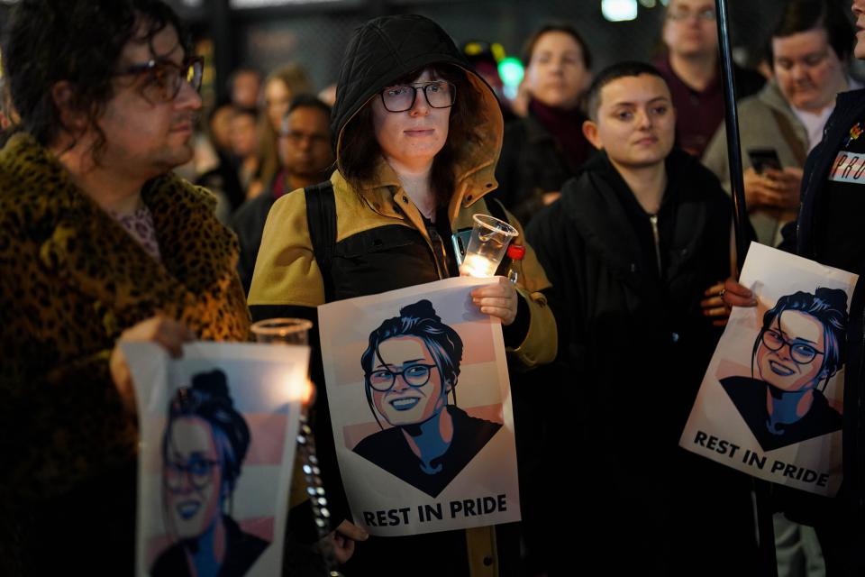 Members of the public attend a candle-lit vigil outside the Hippodrome Theatre in Birmingham, in memory of transgender teenager Brianna Ghey, who was fatally stabbed in a park on Saturday. The 16-year-old from Birchwood in Warrington, Cheshire, was found as she lay wounded on a path in Linear Park, Culcheth. Picture date: Friday February 17, 2023.