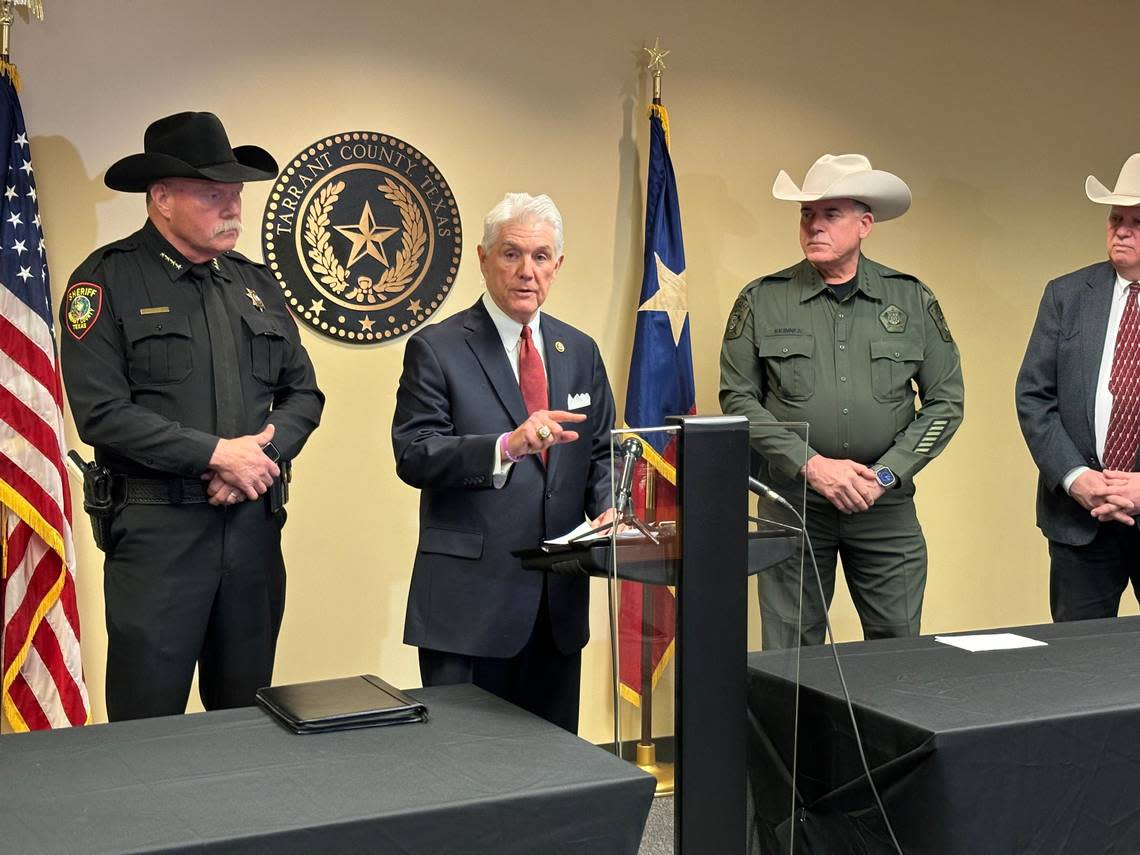 U.S. Rep. Roger Williams presents new legislation at a press conference held in the Tarrant County Sheriff’s Department in downtown Fort Worth on Monday, Jan. 23, 2023.