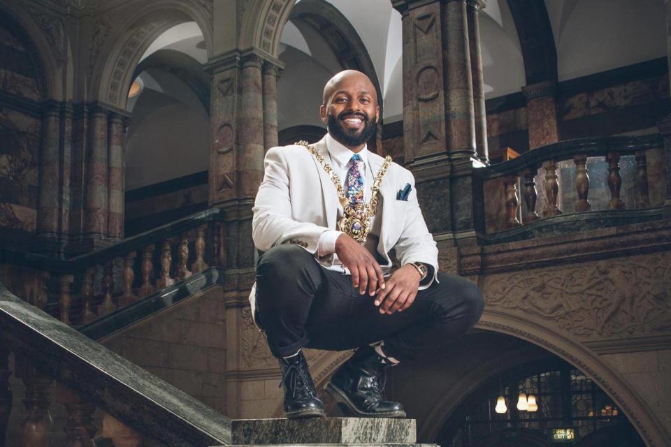 Councillor Magid Magid, in his now famous pose after inauguration as Sheffield's Lord Mayor (Photos Chris Saunders)