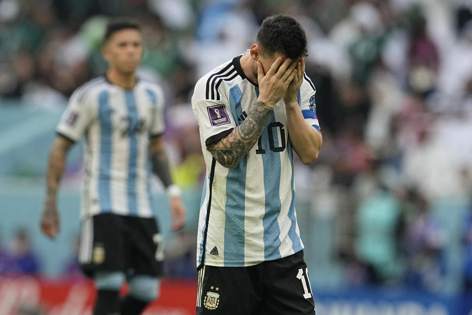 Argentina's Lionel Messi reacts after missing a chance during the World Cup group C soccer match between Argentina and Saudi Arabia at the Lusail Stadium in Lusail, Qatar, Tuesday, Nov. 22, 2022. (AP Photo/Ebrahim Noroozi)