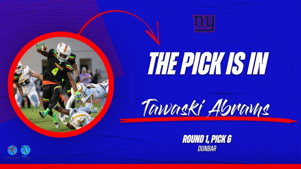 Dunbar wide receiver Tawaski Abrams, selected 6th overall by the New York Giants