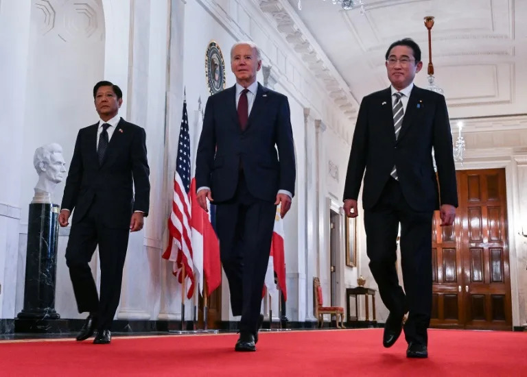 US President Joe Biden held a trilateral meeting with Japanese Prime Minister Fumio Kishida and Philippine President Ferdinand Marcos Jr (ANDREW CABALLERO-REYNOLDS)