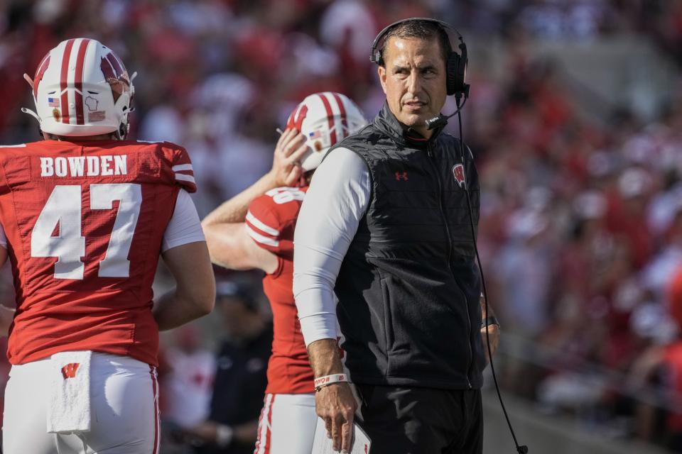 Wisconsin head coach Luke Fickell watches during the second half of an NCAA college football game against Buffalo Saturday, Sept. 2, 2023, in Madison, Wis. (AP Photo/Morry Gash)