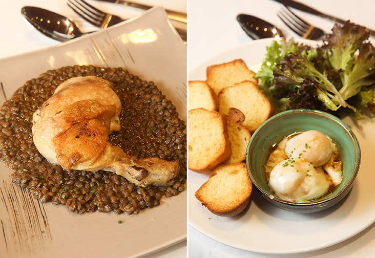 The classic French dish with a rich satisfying puy lentils is paired with chicken confit (left). For a simple start to the day, try the Warm Egg Mullier with Truffle Oil that is served with French brioche (right)