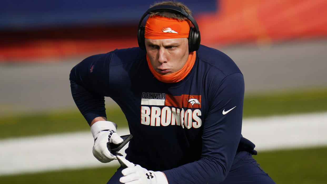 Mandatory Credit: Photo by Jack Dempsey/AP/Shutterstock (11677871a)Denver Broncos offensive tackle Garett Bolles (72) warms up before an NFL football game against the Las Vegas Raiders, in DenverRaiders Broncos Football, Denver, United States - 03 Jan 2021.