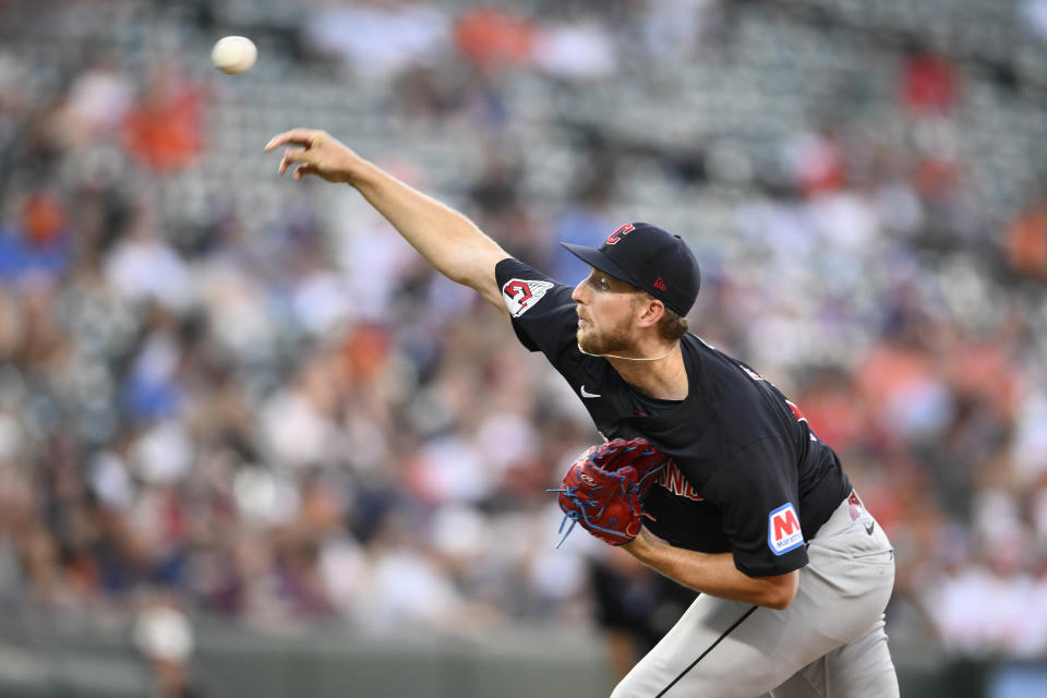 Cleveland Guardians starting pitcher Tanner Bibee throws during the fourth inning of a baseball game against the Baltimore Orioles, Monday, June 24, 2024, in Baltimore. (AP Photo/Nick Wass)