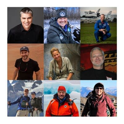 From top left: RCGS members David Gray, Jill Heinerth, Andrew Fuestel, George Kourounis, Patricia Sims, Joseph Frey, Brian and Dee Keating, Russell Potter, Lynn Moorman