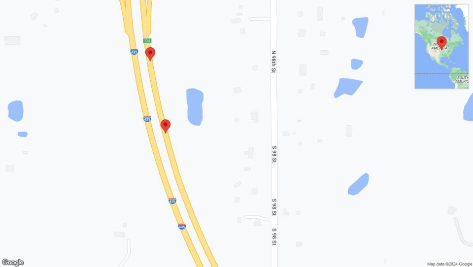 A detailed map that shows the affected road due to 'Broken down vehicle on northbound I-435 in Edwardsville' on January 2nd at 4:13 p.m.