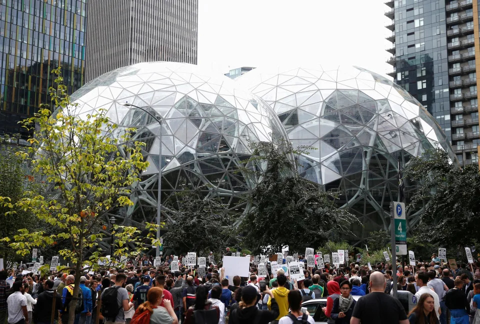 Amazon employees at company headquarters