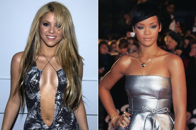 <p>KMazur/WireImage; Gareth Cattermole/Getty</p> Shakira and Rihanna in the 2000s rocking the hottest beauty trends.