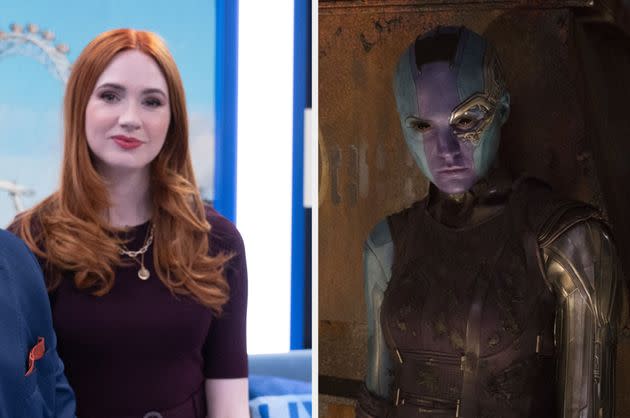 Karen Gillan in Douglas Is Canceled (left) and Guardians Of The Galaxy, Vol.  2 (right)