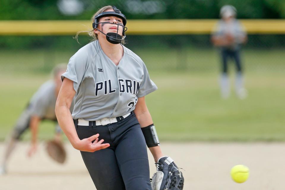 Pilgrim's Alyssa Twomey fires in a strike during the Patriots' 8-0 victory over La Salle in their Division I softball playoff game on June 2.