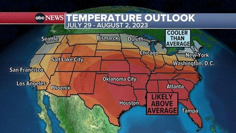 PHOTO: A map shows the forecasted temperature outlook for the Unites States from July 29 to Aug. 2, 2023. (ABC News)
