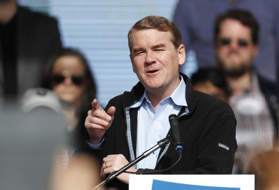 FILE - In this Oct. 24, 2018, file photo, U.S. Senator Michael Bennet, D-Colo., speaks before Senator Bernie Sanders during a rally with young voters on the campus of the University of Colorado in Boulder, Colo. Bennet says he is seeking the Democratic nomination for president in 2020. The three-term senator made the announcement Thursday on “CBS This Morning.” He is now among more than 20 Democrats seeking the party’s presidential nomination. (AP Photo/David Zalubowski, File)