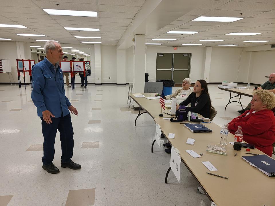 Chambersburg voter Tom Fornerette, 77, put on a show for poll workers at Eugene C. Clarke Jr. Community Center about an hour before polls closed municipal election night, Nov. 7, 2023. The self-proclaimed "crooner" sang ballads from Nat King Cole, Johnny Mathis and others.