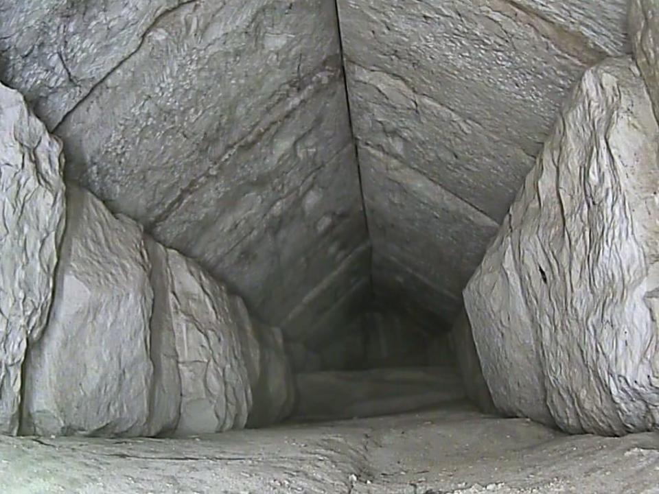 An image from the ScanPyramids project shows the inside of a hidden corridor about 30 feet long in the Great Pyramid of Giza built for King Khufu, about 4,500 years ago. The interior of the corridor was revealed using                 cosmic-ray muon radiography, in announcement made on March 2, 2023, in Giza, Egypt.  / Credit: ScanPyramids/Egyptian Ministry of Tourism and Antiquities