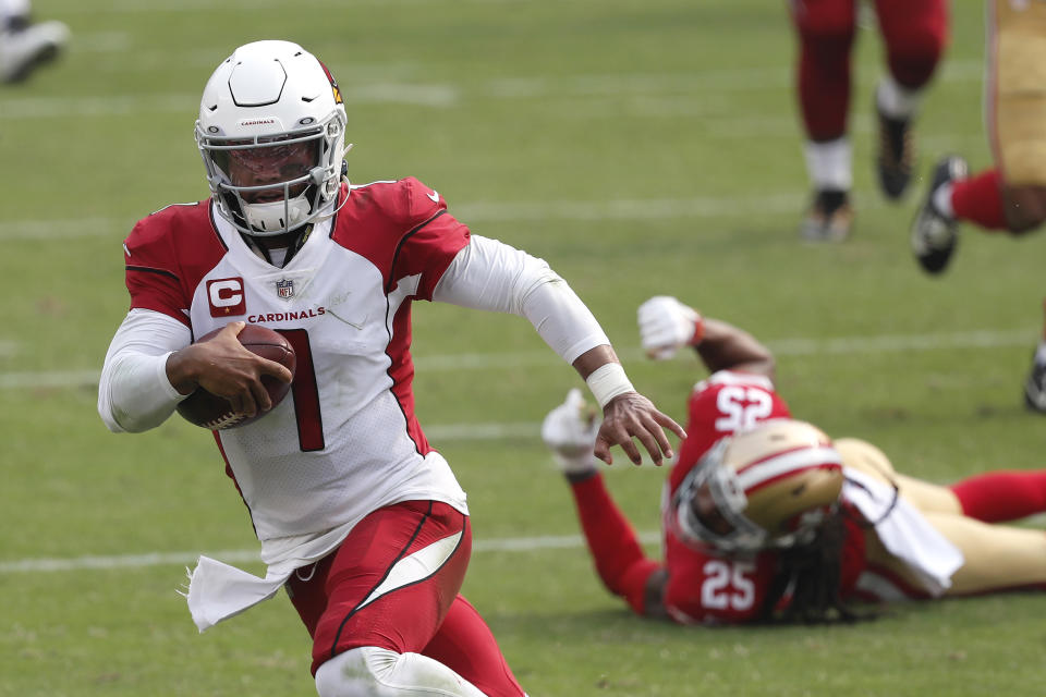 Arizona Cardinals quarterback Kyler Murray (1) runs past San Francisco 49ers cornerback Richard Sherman (25) to score a touchdown during the second half of an NFL football game in Santa Clara, Calif., Sunday, Sept. 13, 2020. (AP Photo/Josie Lepe)