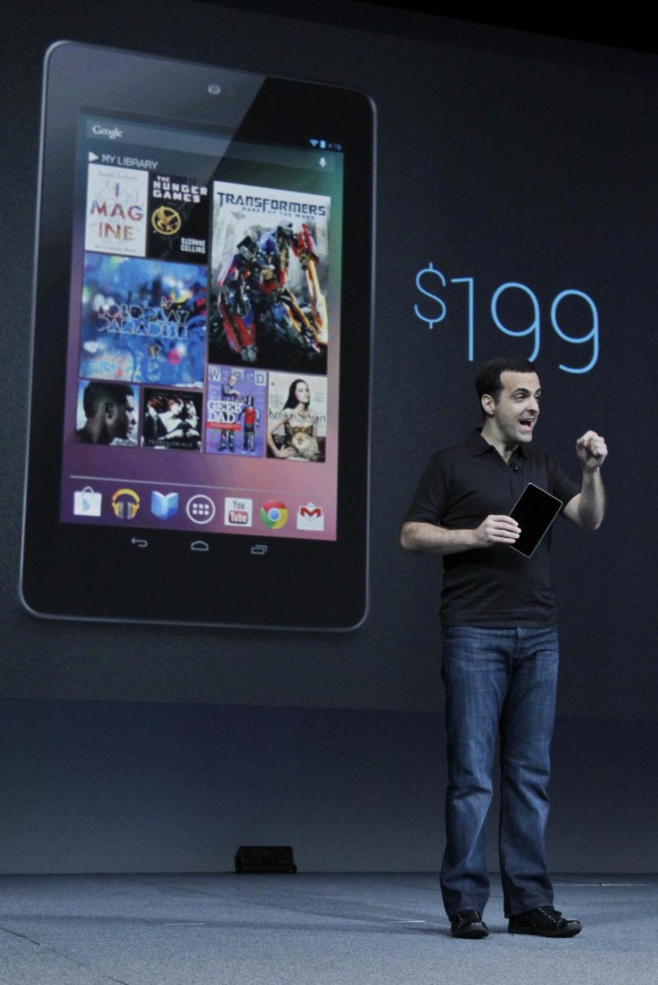 Hugo Barra, Director of Google Product Management holds up the new Google Nexus7 selling at $199, at the Google I/O conference in San Francisco, Wednesday, June 27, 2012. The tablet will have a screen that measures 7 inches diagonally, smaller than the nearly 10 inches on Apple Inc.’s popular iPad. That means it’s more likely to challenge Amazon.com Inc.’s Kindle Fire, which is also 7 inches. (AP Photo/Paul Sakuma)