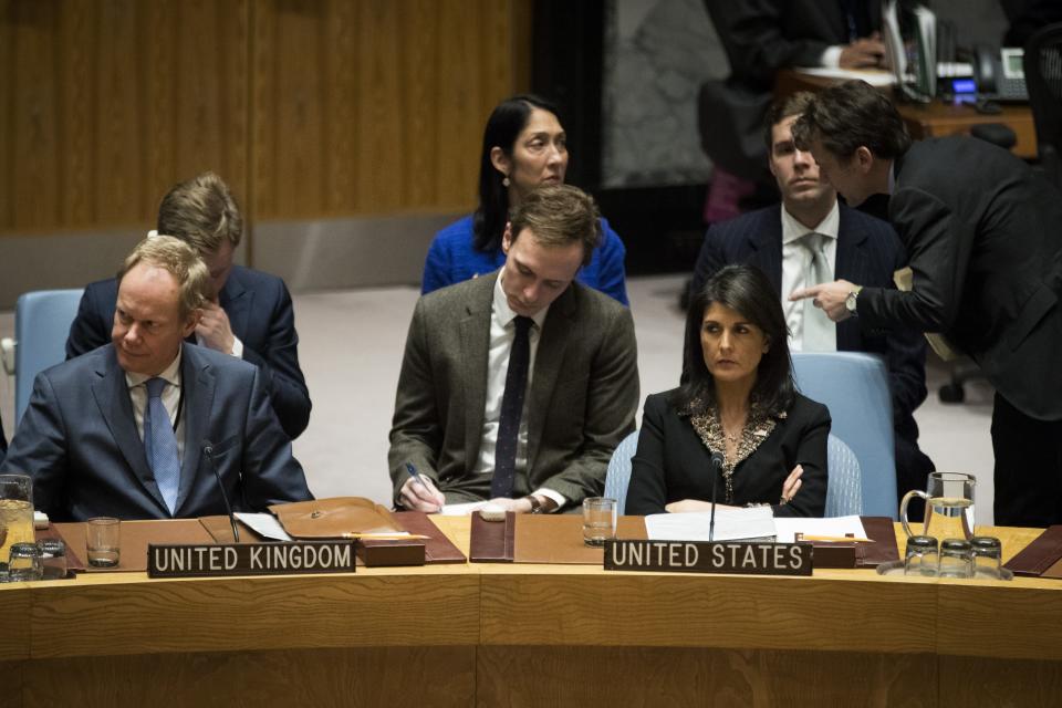 United Kingdom Ambassador to the United Nations Matthew Rycroft and U.S. ambassador to the United Nations Nikki Haley attend a Security Council meeting concerning the situation in the Middle East involving Israel and Palestinian territories, at United Nations headquarters, Dec. 18 in New York City.