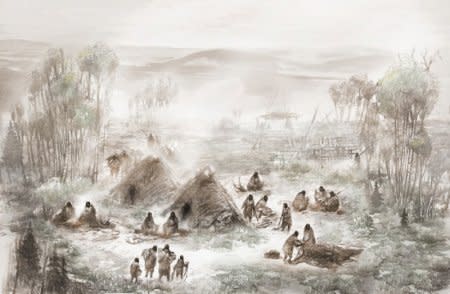 An illustration released January 3, 2018 depicts the Upward Sun River base camp site in central Alaska, where the 11,500-year-old remains of a 6-week-old girl were discovered in 2013. The girl's genome shows she belonged to a previously unknown population or early Native Americans and shed light on the timing and nature of the first migration of people into the Americas during the last Ice Age.  Eric S. Carlson and Ben Potter/Handout via REUTERS