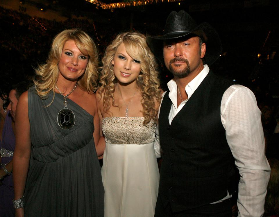 Country music artists Faith Hill, Taylor Swift and Tim McGraw in the audience during the 42nd Annual Academy Of Country Music Awards held at the MGM Grand Garden Arena on May 15, 2007 in Las Vegas, Nevada