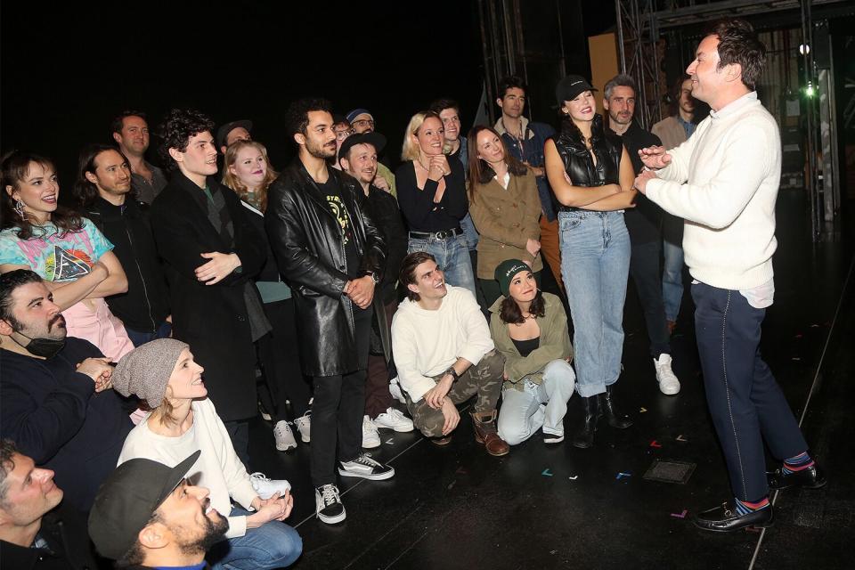 Jimmy Fallon chats with the cast backstage at the new musical based on the film "Almost Famous" on Broadway at The Jacobs Theater on January 5, 2023 in New York City. Jimmy Fallon, made his movie debut as Dennis Hope, the manager of a 1970s rock band called Stillwater which the Broadway show's plot revolves around