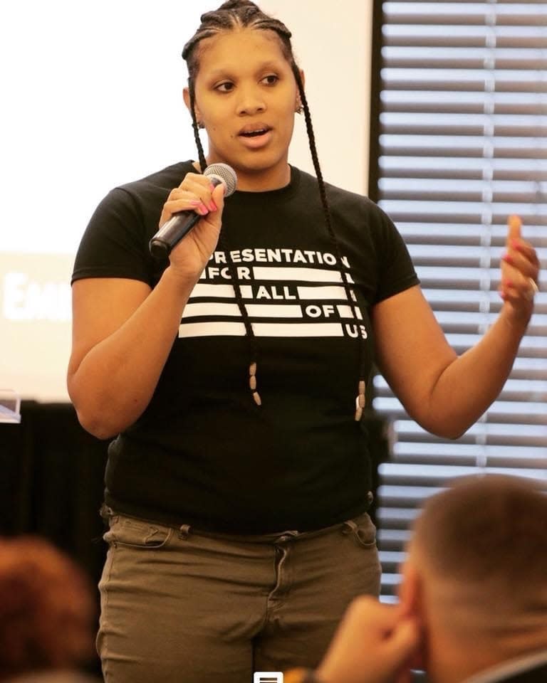 Corryn Freeman, executive director of the Future Coalition, a national youth activism group, speaking to supporters. Freeman said she might not vote in the 2024 election for president citing major concerns with both Republicans and Democrats.