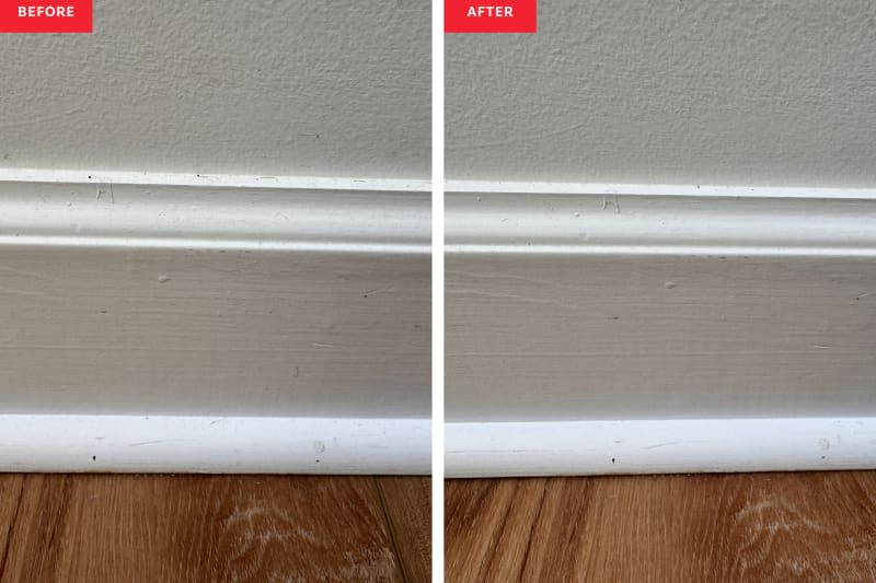 Side by side of baseboards before and after being cleaned with cleaning wipes