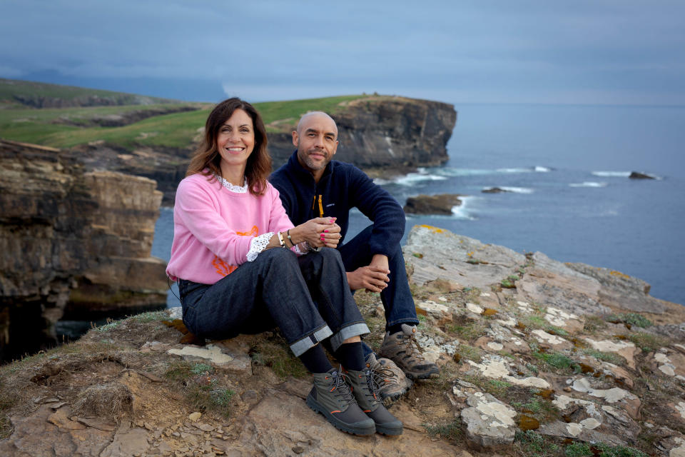 From Wingspan Productions

ORKNEY - BRITAINS GREEN ISLAND WITH JULIA BRADBURY AND ALEX BERESFORD
Tuesday 2nd November 2021 on ITV 

Pictured: Alex Beresford and Julia Bradbury in the Orkney Island, Scotland.

Julia Bradbury and Alex Beresford travel to Orkney to see how these beautiful islands are making stunning progress towards a greener future. 
On their green odyssey, Julia finds out what a Ôbere bannockÕ is, kayaks the beguiling waters of Scapa Flow and takes a trip on what may be the worldÕs first hydrogen-hybrid ferry. Meanwhile Alex plays BritainÕs longest golf hole, falls in love with endangered puffins and pilots a speedboat to discover revolutionary tidal turbine technology. 


(C) ITV 

Photographer : Fionn McArthur

For further information please contact Peter Gray
Mob 07831460662 /  peter.gray@itv.com

This photograph is (C) ITV and can only be reproduced for editorial purposes directly in connection with the programme ORKNEY - BRITAINS GREEN ISLAND WITH JULIA BRADBURY AND ALEX BERESFORD or ITV. Once made available by the ITV Picture Desk, this photograph can be reproduced once only up until the Transmission date and no reproduction fee will be charged. Any subsequent usage may incur a fee. This photograph must not be syndicated to any other publication or website, or permanently archived, without the express written permission of ITV Picture Desk. Full Terms and conditions are available on the website www.itvpictures.com 