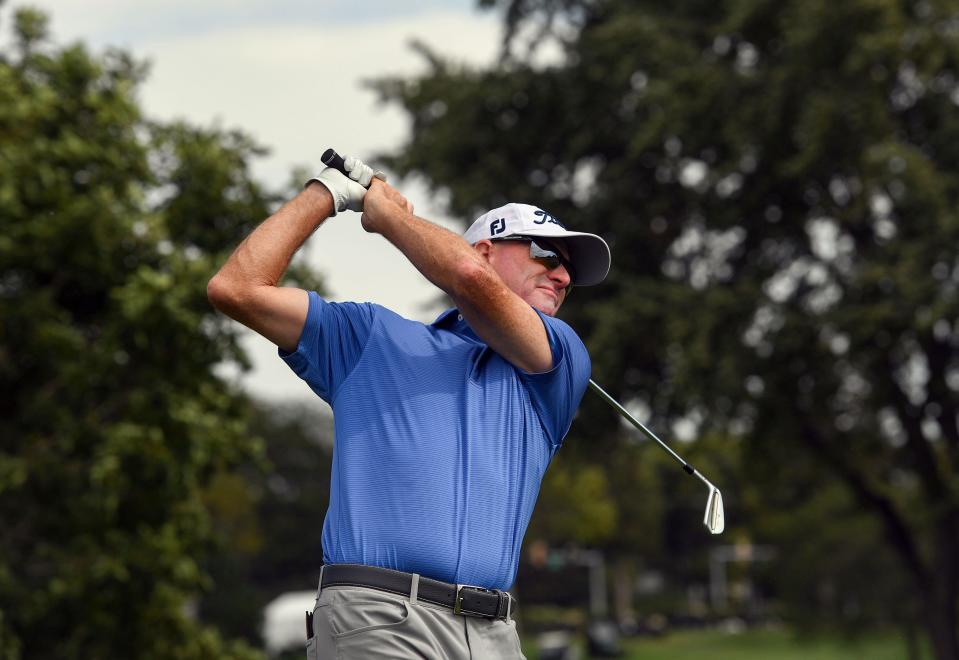 Steve Flesch tees off during the final round of the Sanford International golf tournament on Sunday, September 19, 2021, at the Minnehaha Country Club in Sioux Falls.