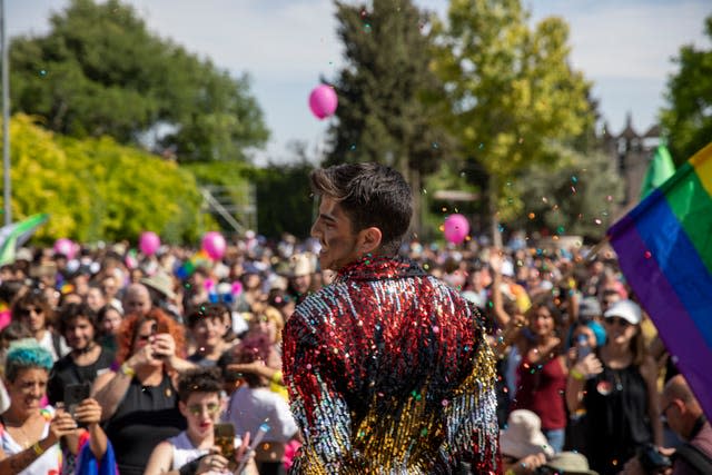 People dance at the Pride parade in Jerusalem