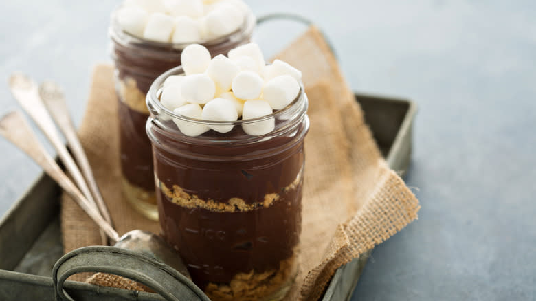 s'mores chocolate pudding in a jar