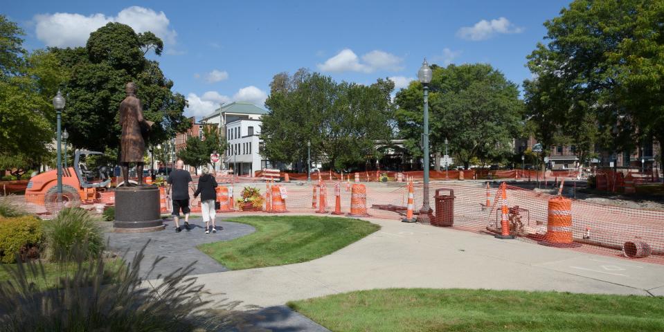 Construction is pictured on 1st and Washington streets from outside the Monroe County Courthouse looking towards Loranger Square where the brickwork has been removed for repaving in downtown Monroe.