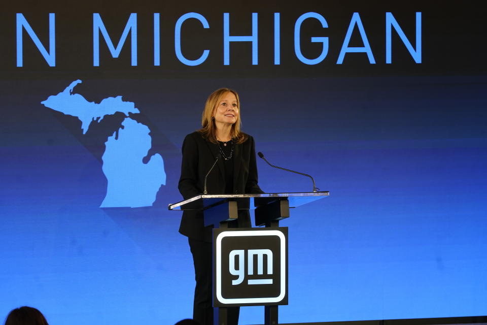 Mary Barra, General Motors CEO, speaks during a news conference in Lansing, Mich., Tuesday, Jan. 25, 2022. General Motors is making the largest investment in company history in its home state of Michigan, announcing plans to spend nearly $7 billion to convert a factory to make electric pickup trucks and to build a new battery cell plant. (AP Photo/Paul Sancya)