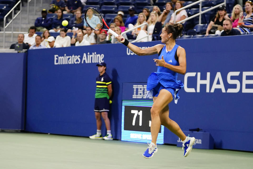 Daria Kasatkina, of Russia, returns a shot to Sofia Kenin, of the United States, during the second round of the U.S. Open tennis championships, Thursday, Aug. 31, 2023, in New York. (AP Photo/Frank Franklin II)