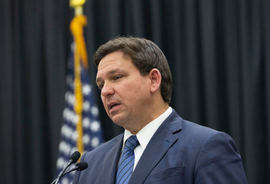 Gov. Ron DeSantis talks during a press conference on Thursday, Sept. 22, 2022, at the Miami Dade College Wolfson Campus.