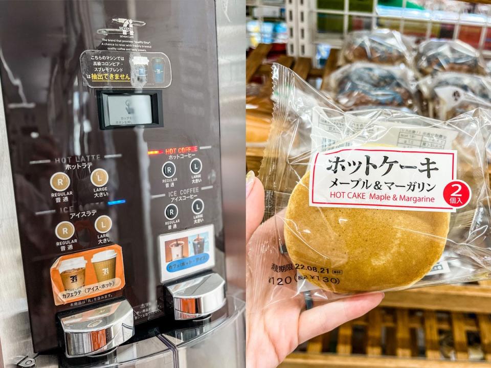 breakfast section in 7-eleven (coffee machine left, packaged pancakes on the right)