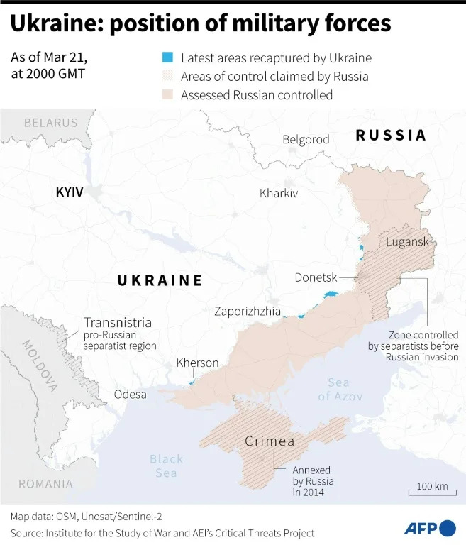 Map of areas controlled by Ukrainian and Russian forces in Ukraine, as of March 21, 2000 GMT (Valentin RAKOVSKY)