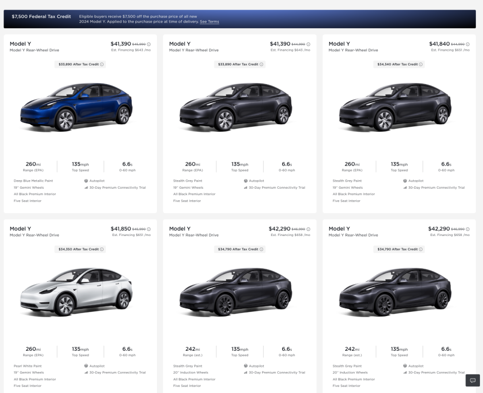 Tesla's Model Y order page showing discounts to existing inventory (4/5/2024)