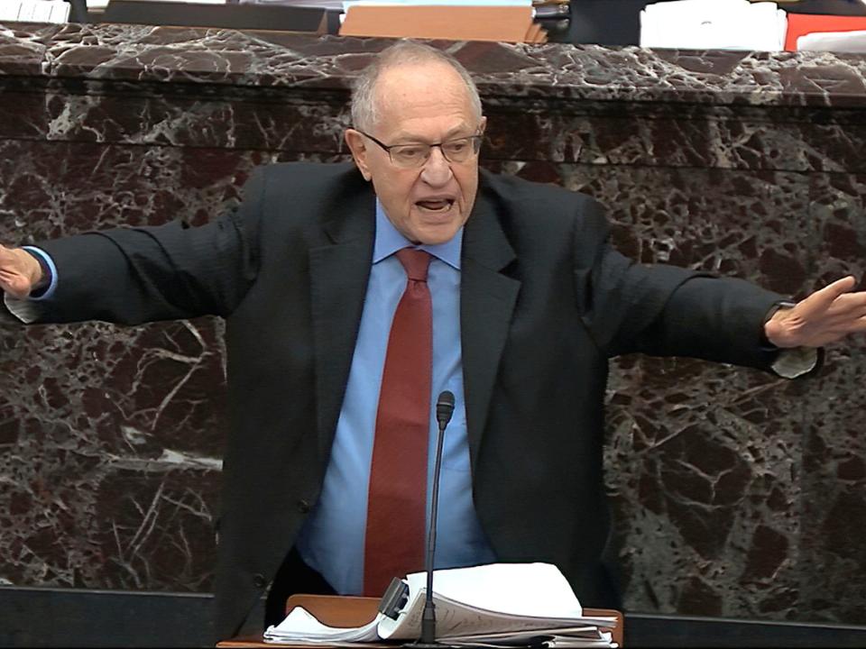 In this image from video, Alan Dershowitz, an attorney for President Donald Trump answers a question during the impeachment trial against Trump in the Senate at the U.S. Capitol in Washington, Wednesday, Jan. 29, 2020. (Senate Television via AP)