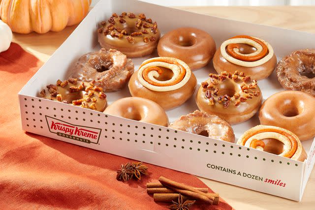 <p>Krispy Kreme</p> A dozen pumpkin spice donuts from Krispy Kreme