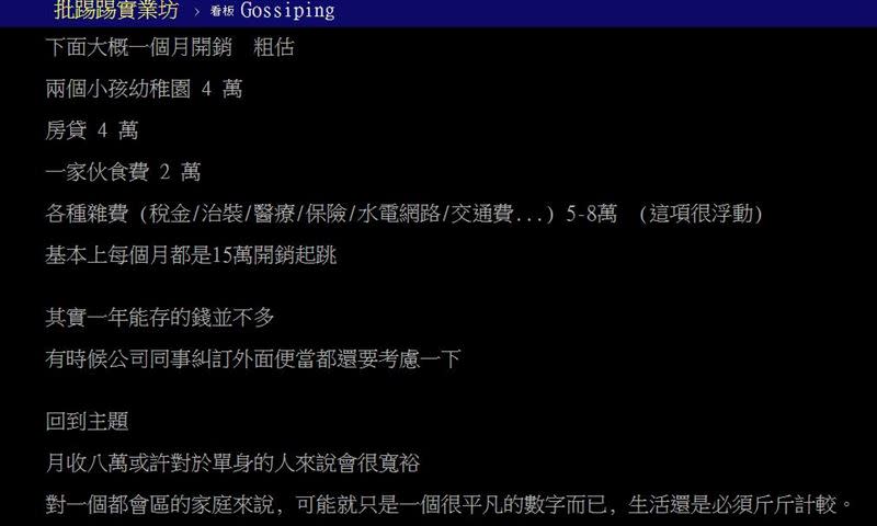 原PO列出一個月的生活開銷。（圖／翻攝自PTT）